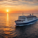 Ferry at sunrise on calm waters